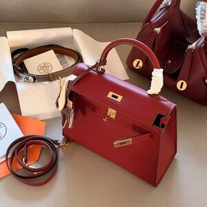 Luxury Red Leather Kelly Top Handle Bag GHW
